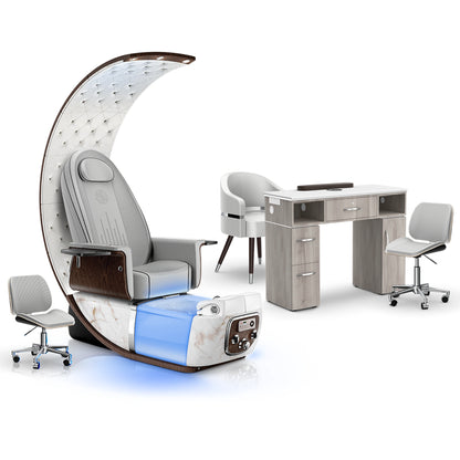 Platinum-White Moonstone-Hazel - Lexor PRIVÉ Lounge Pedicure Chair and Matching VM313 Nail Table Set