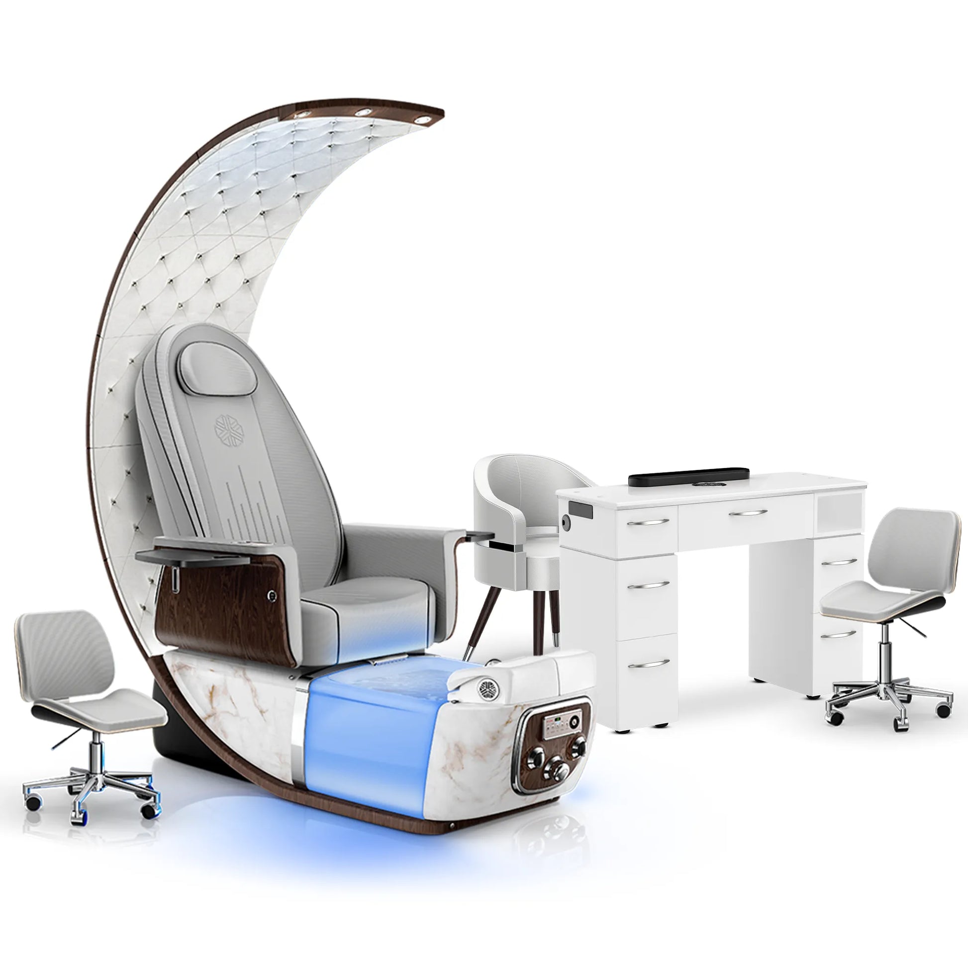 Platinum-pr-White Moonstone-White Lexor PRIVÉ Lounge Pedicure Chair and Matching VM313 Nail Table Set