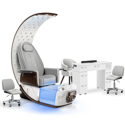 Platinum-pr-White Moonstone-White Lexor PRIVÉ Lounge Pedicure Chair and Matching VM313 Nail Table Set