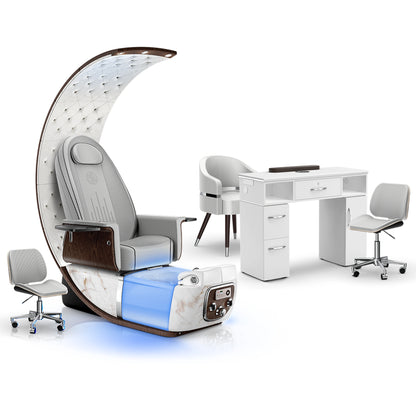 Platinum-White Moonstone-White -  Lexor PRIVÉ Lounge Pedicure Chair and Matching VM313 Nail Table Set