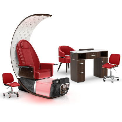 Scarlet-Black Moonstone-Dark Walnut - Lexor PRIVÉ Lounge Pedicure Chair and Matching Vm313 Nail Table Set