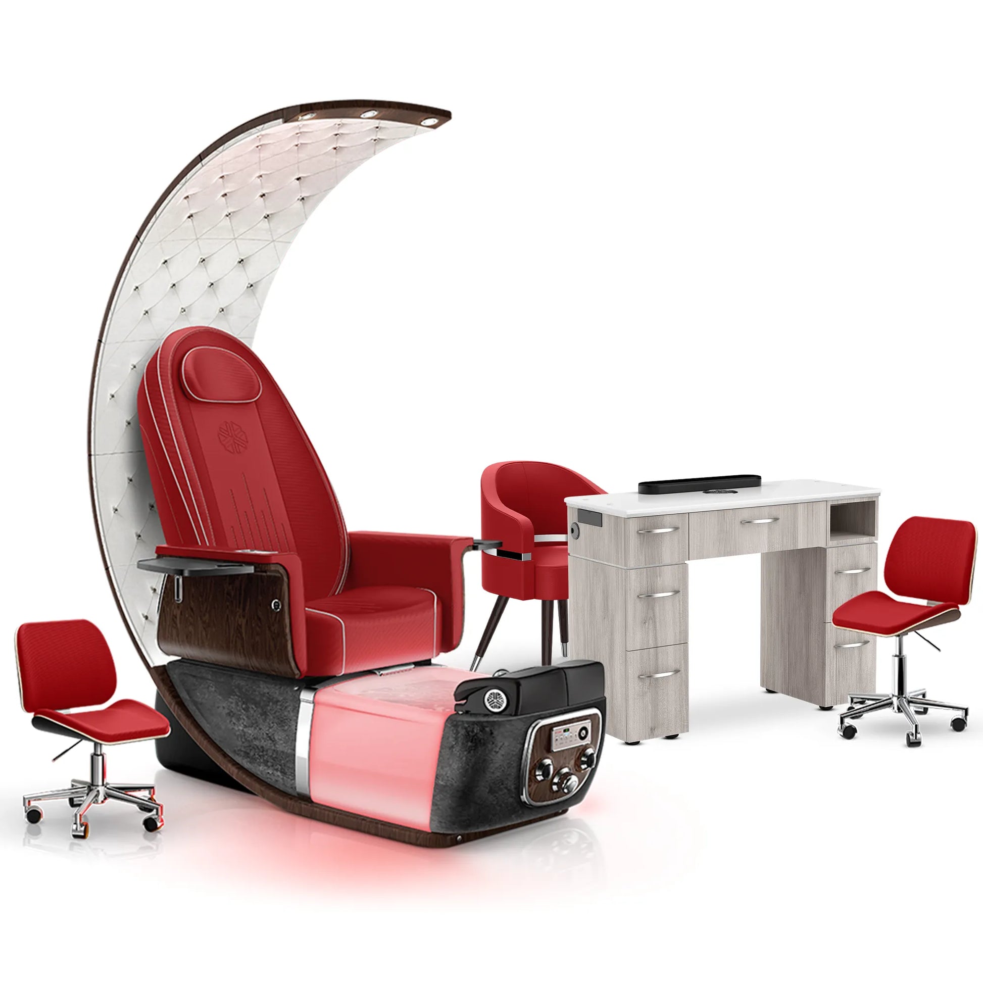 Scarlet-Black Moonstone-Hazel Lexor PRIVÉ Lounge Pedicure Chair and Matching Vm313 Nail Table Set