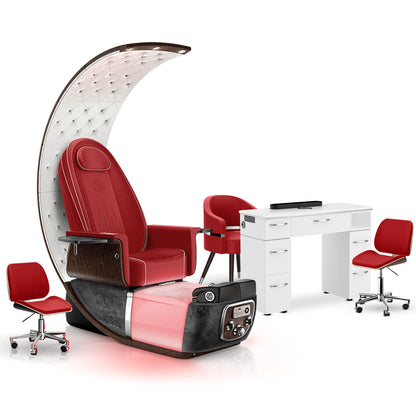 Scarlet-Black Moonstone-White Lexor PRIVÉ Lounge Pedicure Chair and Matching Vm313 Nail Table Set
