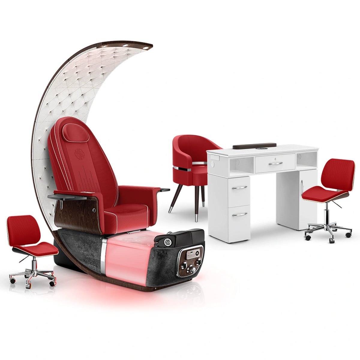Scarlet-Black Moonstone-White - Lexor PRIVÉ Lounge Pedicure Chair and Matching Vm313 Nail Table Set