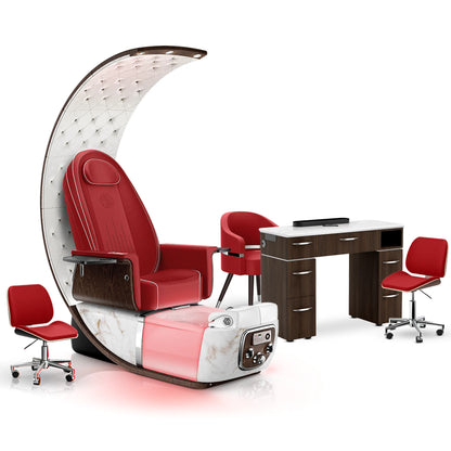 Scarlet-White Moonstone-Dark Walnut Lexor PRIVÉ Lounge Pedicure Chair and Matching Vm313 Nail Table Set