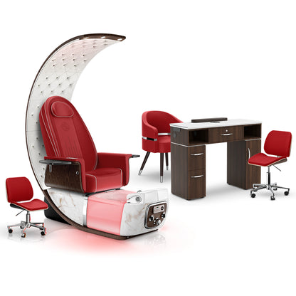 Scarlet-White Moonstone-Dark Walnut - Lexor PRIVÉ Lounge Pedicure Chair and Matching Vm313 Nail Table Set
