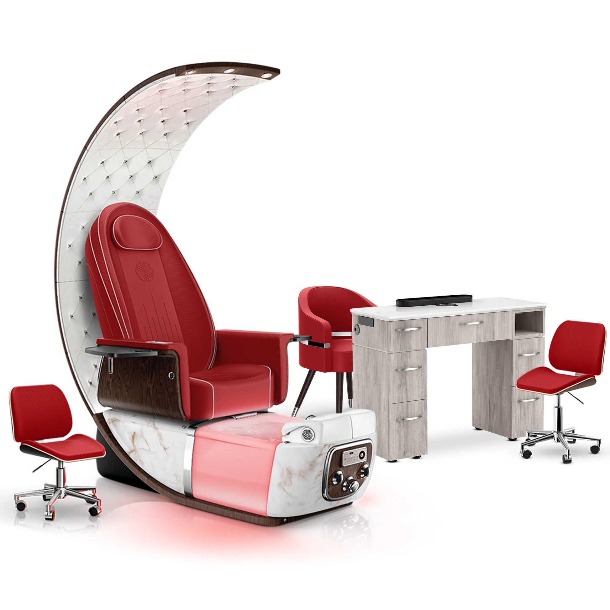 Scarlet-White Moonstone-Hazel Lexor PRIVÉ Lounge Pedicure Chair and Matching Vm313 Nail Table Set