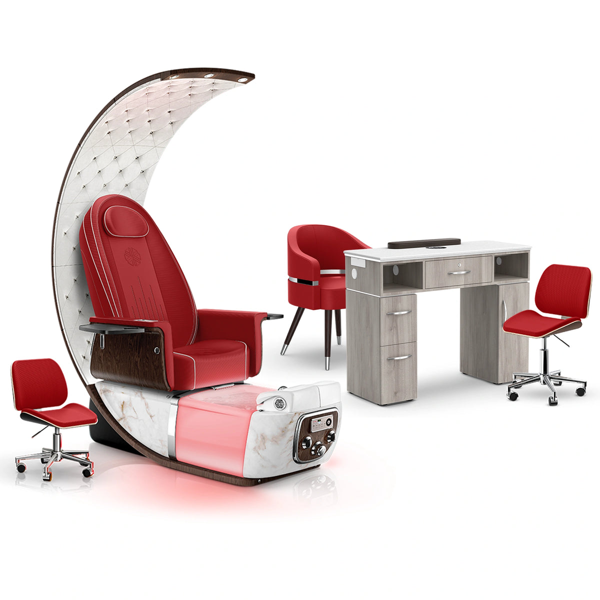 Scarlet-White Moonstone-Hazel - Lexor PRIVÉ Lounge Pedicure Chair and Matching Vm313 Nail Table Set