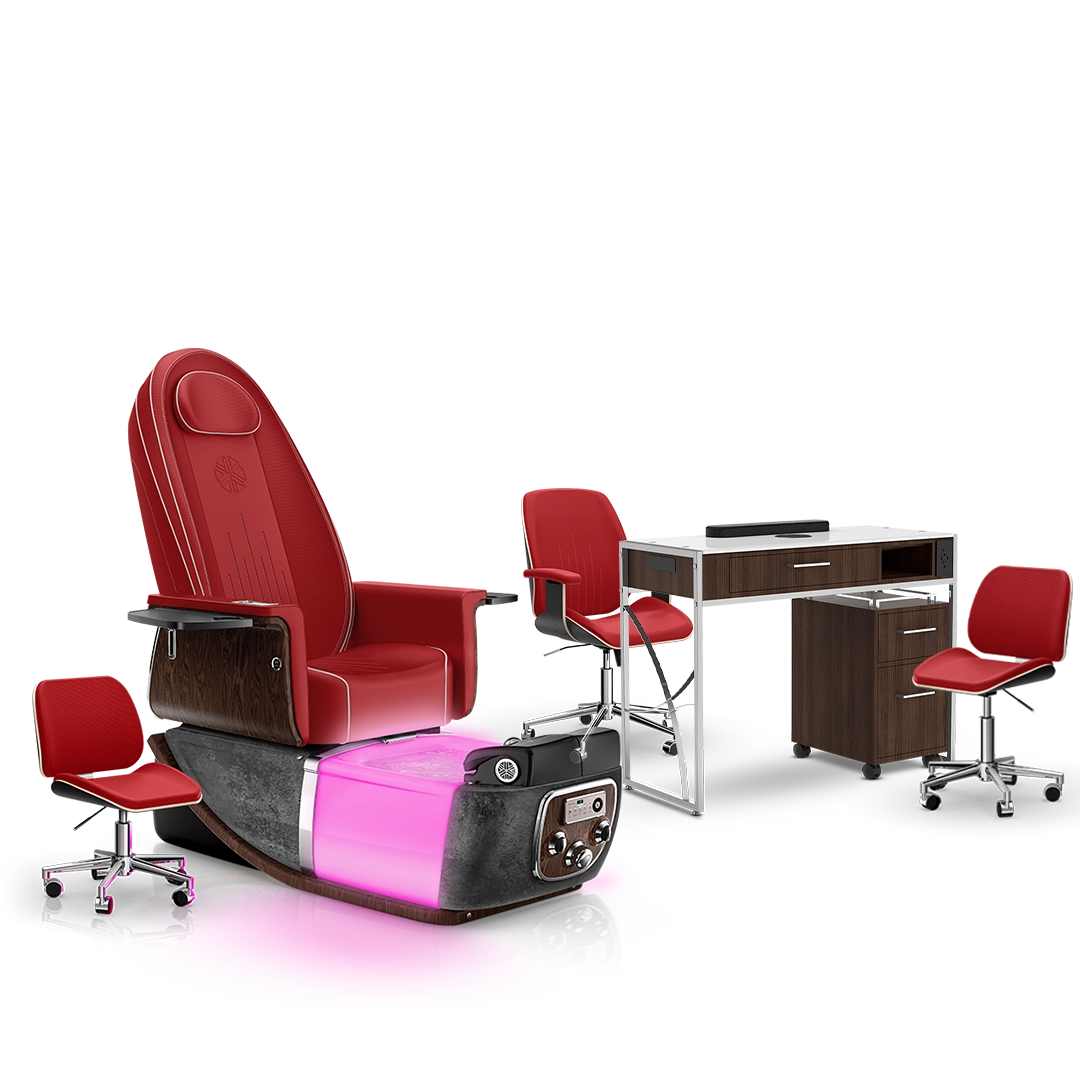 Scarlet-Black Moonstone-Dark Walnut Lexor PRIVÉ ONE Pedicure Chair and Matching PRIVÉ Nail Table Set