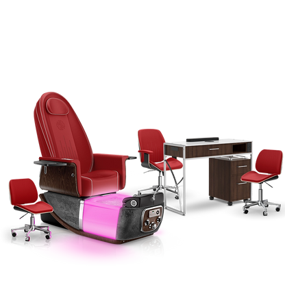 Scarlet-Black Moonstone-Dark Walnut Lexor PRIVÉ ONE Pedicure Chair and Matching PRIVÉ Nail Table Set