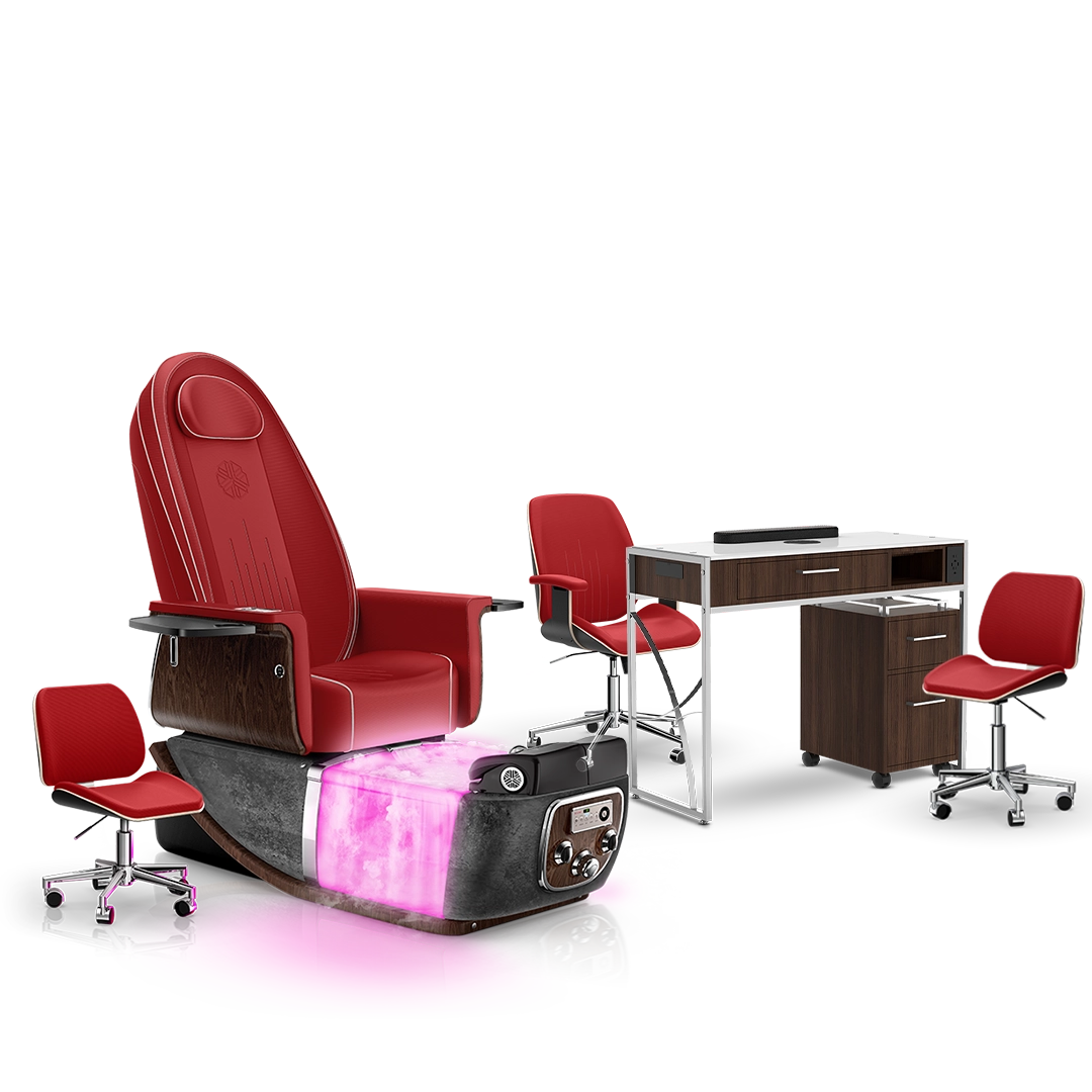 Scarlet-Black Moonstone-Dark Walnut Lexor PRIVÉ ONE Pedicure Chair with Thera-Mist and Matching PRIVÉ Nail Table Set