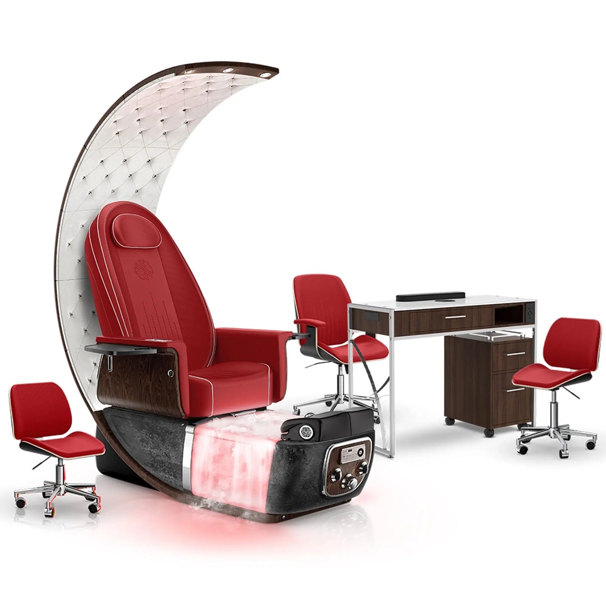 Scarlet-Black Moonstone-Dark Walnut Lexor PRIVÉ Lounge Pedicure Chair with Thera-Mist and Matching PRIVÉ Nail Table Set