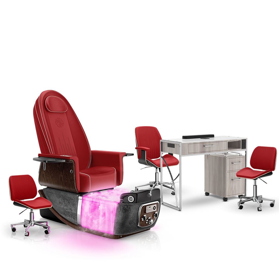 Scarlet-Black Moonstone-Hazel Lexor PRIVÉ ONE Pedicure Chair with Thera-Mist and Matching PRIVÉ Nail Table Set