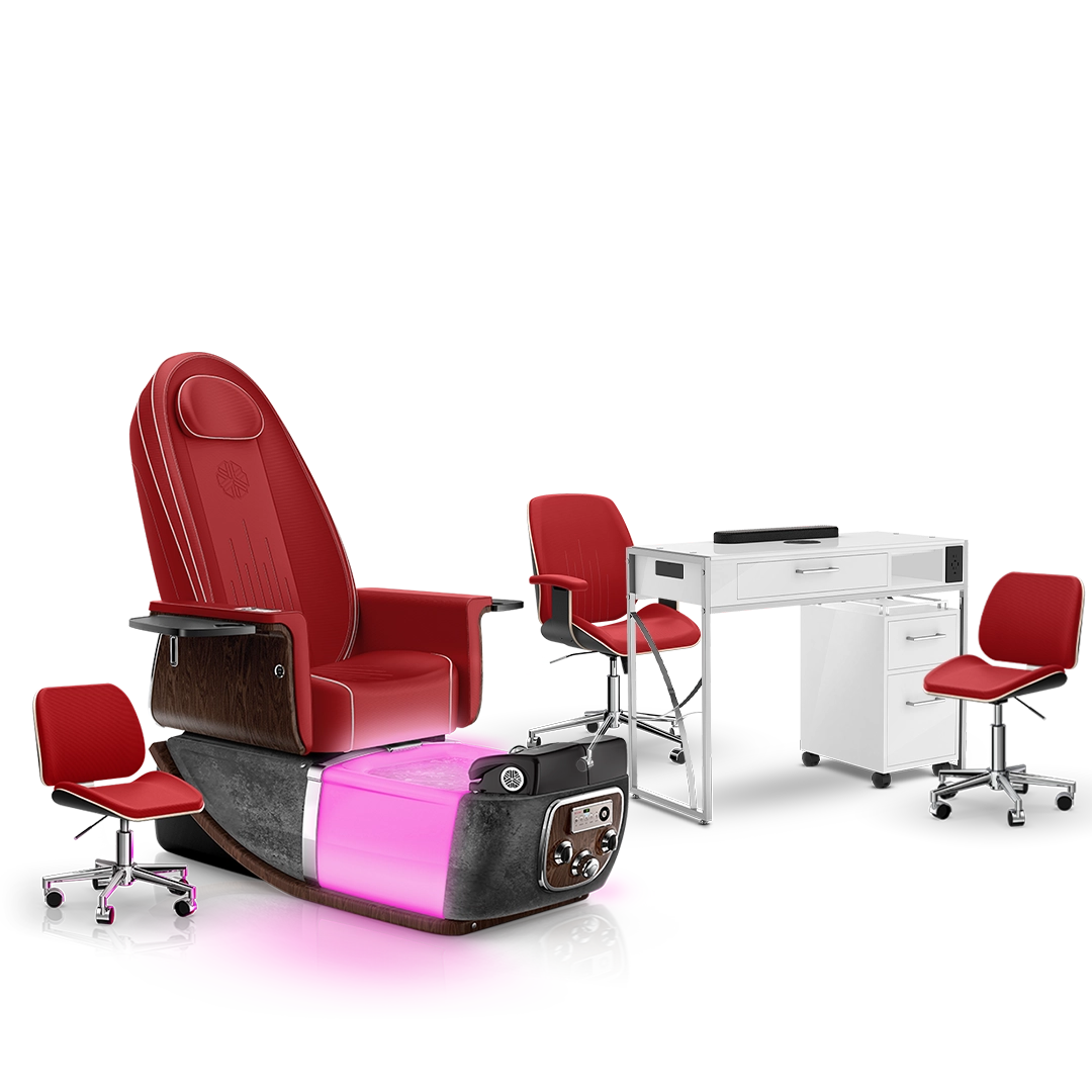 Scarlet-Black Moonstone-White Lexor PRIVÉ ONE Pedicure Chair and Matching PRIVÉ Nail Table Set