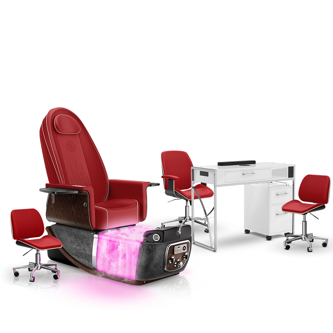 Scarlet-Black Moonstone-White Lexor PRIVÉ ONE Pedicure Chair with Thera-Mist and Matching PRIVÉ Nail Table Set