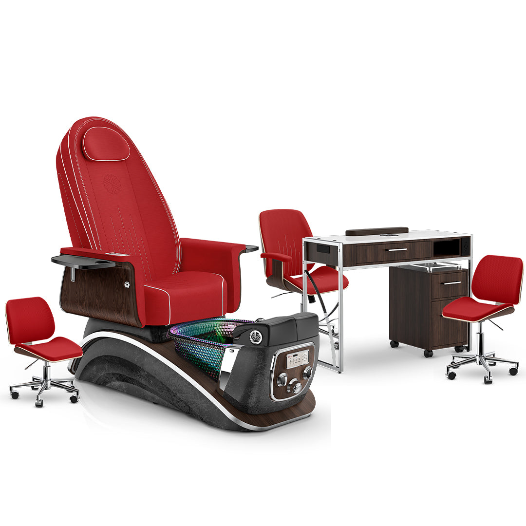 Scarlet-Black Moonstone-Dark Walnut Lexor Mystique Pedicure Chair and Matching Nail Table Set