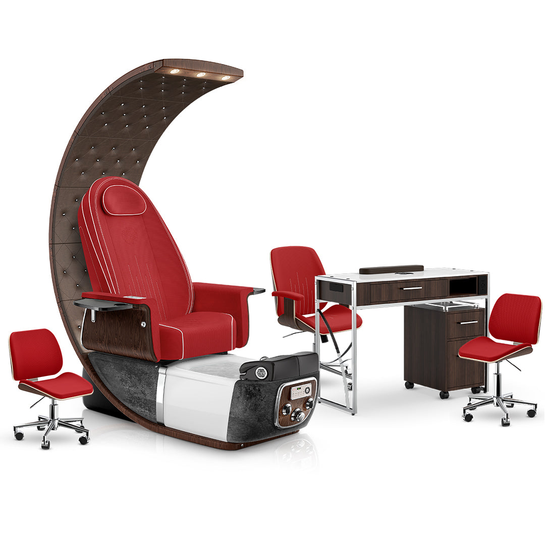 Scarlet-Black Moonstone-Dark Walnut Lexor PRIVÉ Lounge Pedicure Chair and Matching PRIVÉ Nail Table Set