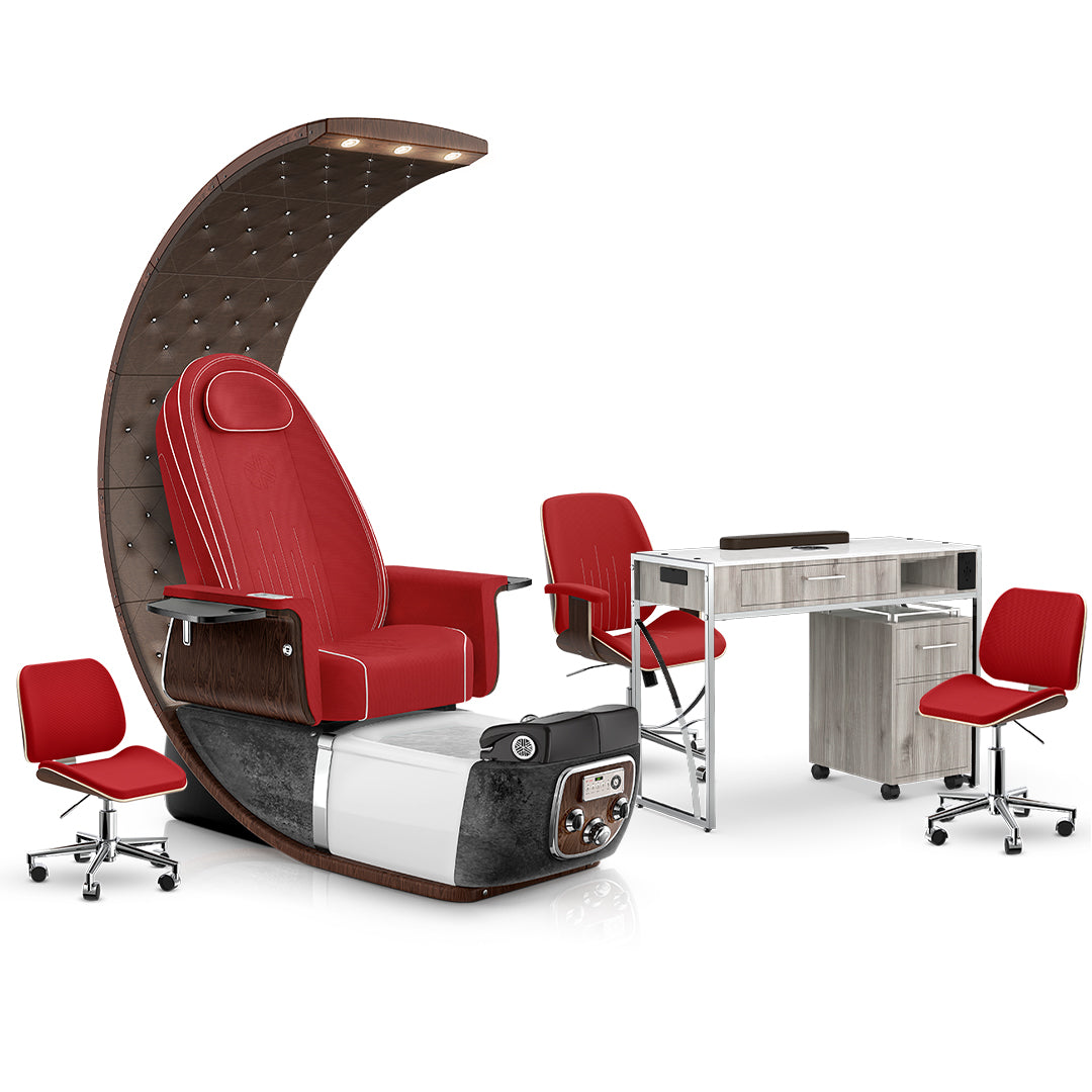 Scarlet-Black Moonstone-Hazel Lexor PRIVÉ Lounge Pedicure Chair and Matching PRIVÉ Nail Table Set