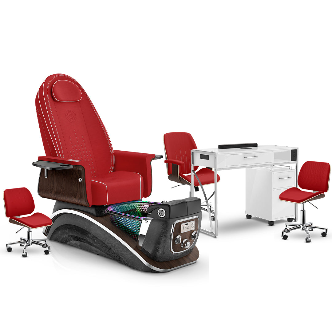 Scarlet-Black Moonstone-White Lexor Mystique Pedicure Chair and Matching Nail Table Set