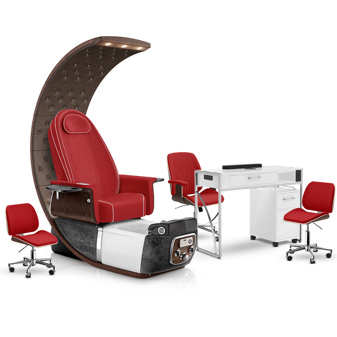 Scarlet-Black Moonstone-White Lexor PRIVÉ Lounge Pedicure Chair and Matching PRIVÉ Nail Table Set