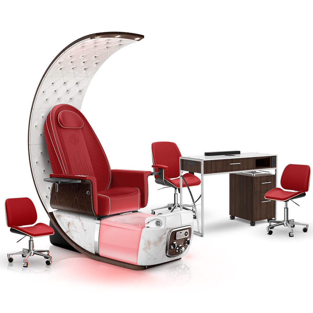 Scarlet-White Moonstone-Dark Walnut Lexor PRIVÉ Lounge Pedicure Chair and Matching PRIVÉ Nail Table Set