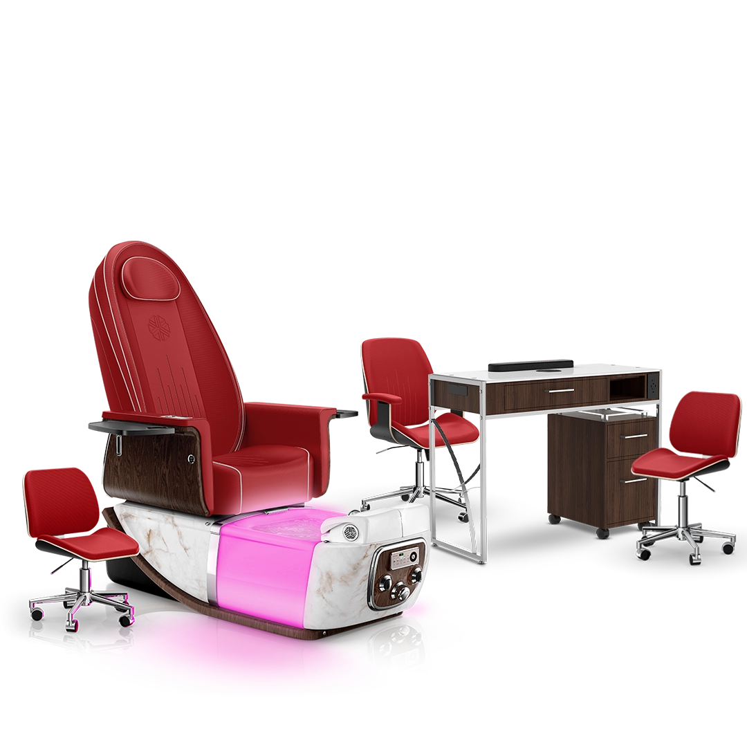 Scarlet-White Moonstone-Dark Walnut Lexor PRIVÉ ONE Pedicure Chair and Matching PRIVÉ Nail Table Set