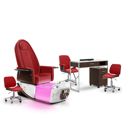 Scarlet-White Moonstone-Dark Walnut Lexor PRIVÉ ONE Pedicure Chair and Matching PRIVÉ Nail Table Set