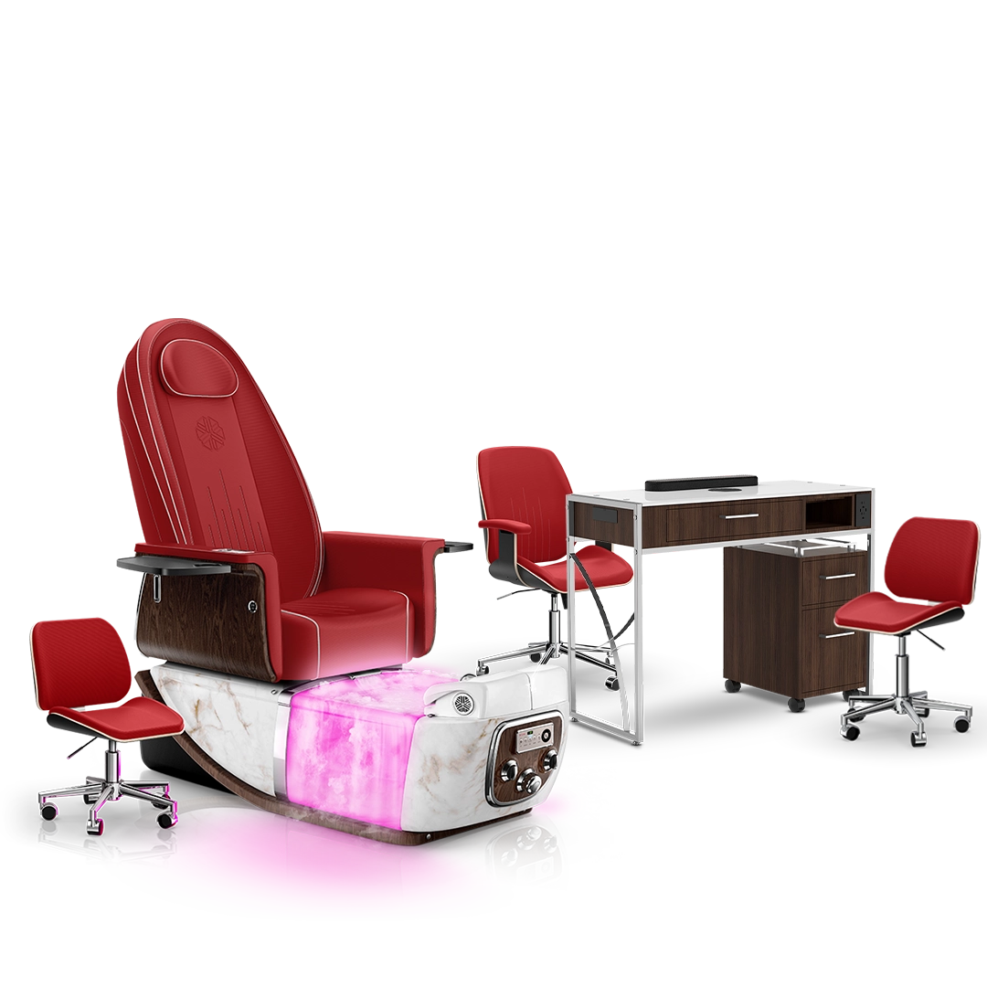 Scarlet-White Moonstone-Dark Walnut Lexor PRIVÉ ONE Pedicure Chair with Thera-Mist and Matching PRIVÉ Nail Table Set