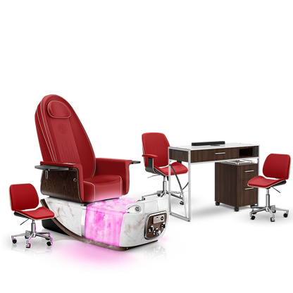 Scarlet-White Moonstone-Dark Walnut Lexor PRIVÉ ONE Pedicure Chair with Thera-Mist and Matching PRIVÉ Nail Table Set