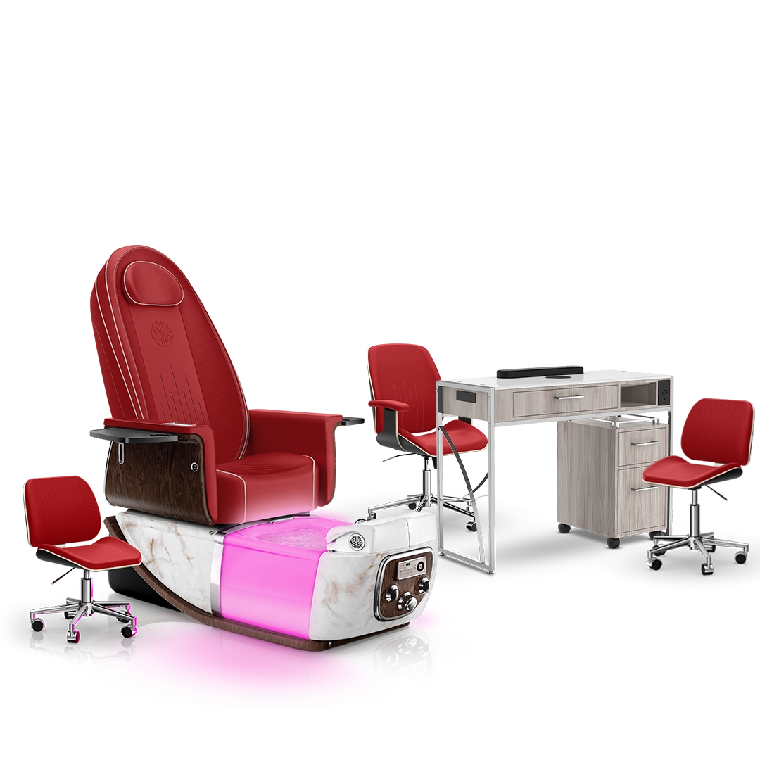 Scarlet-White Moonstone-Hazel Lexor PRIVÉ ONE Pedicure Chair and Matching PRIVÉ Nail Table Set