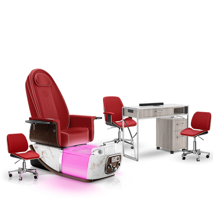 Scarlet-White Moonstone-Hazel Lexor PRIVÉ ONE Pedicure Chair and Matching PRIVÉ Nail Table Set