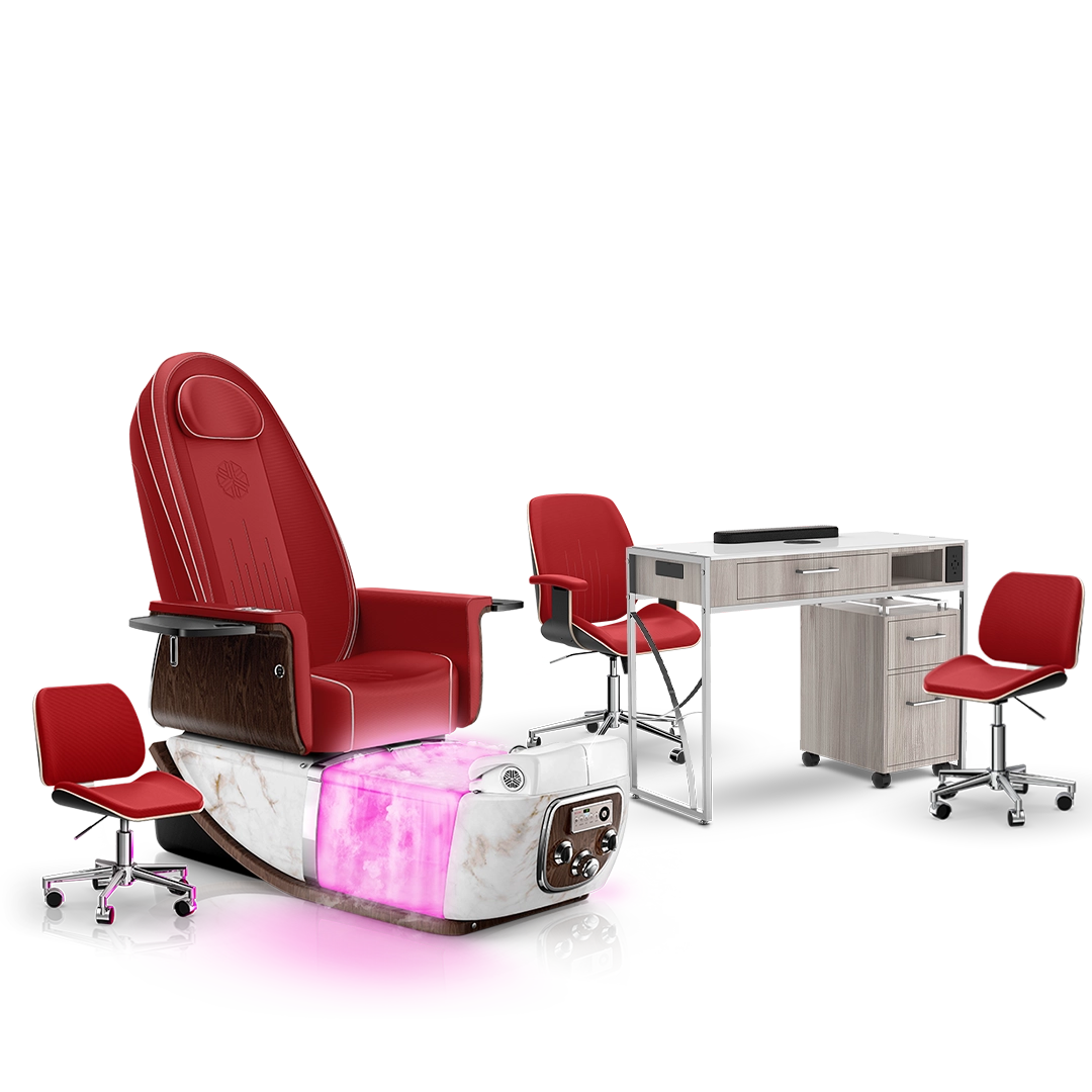 Scarlet-White Moonstone-Hazel Lexor PRIVÉ ONE Pedicure Chair with Thera-Mist and Matching PRIVÉ Nail Table Set