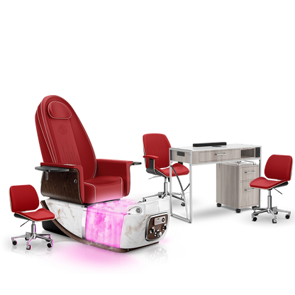 Scarlet-White Moonstone-Hazel Lexor PRIVÉ ONE Pedicure Chair with Thera-Mist and Matching PRIVÉ Nail Table Set