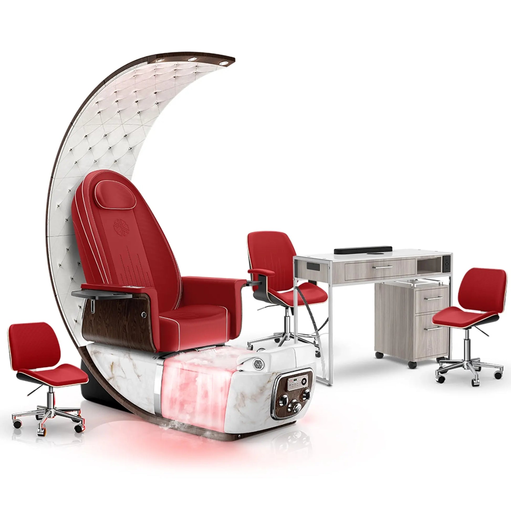 Scarlet-White Moonstone-Hazel Lexor PRIVÉ Lounge Pedicure Chair with Thera-Mist and Matching PRIVÉ Nail Table Set