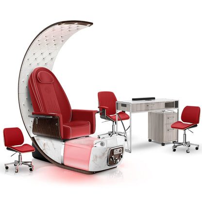 Scarlet-White Moonstone-Hazel Lexor PRIVÉ Lounge Pedicure Chair and Matching PRIVÉ Nail Table Set