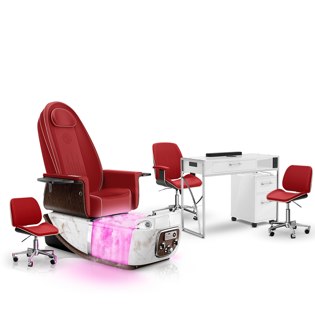 Scarlet-White Moonstone-White Lexor PRIVÉ ONE Pedicure Chair with Thera-Mist and Matching PRIVÉ Nail Table Set