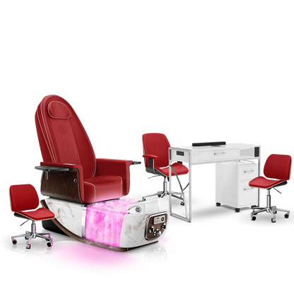Scarlet-White Moonstone-White Lexor PRIVÉ ONE Pedicure Chair with Thera-Mist and Matching PRIVÉ Nail Table Set
