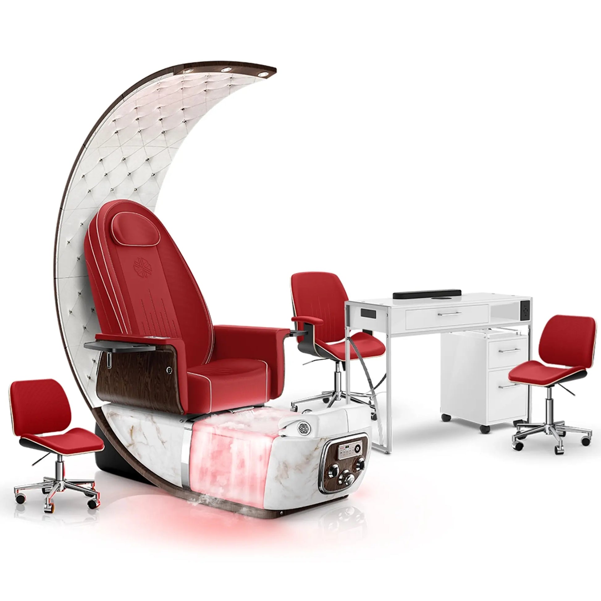 Scarlet-White Moonstone-White Lexor PRIVÉ Lounge Pedicure Chair with Thera-Mist and Matching PRIVÉ Nail Table Set