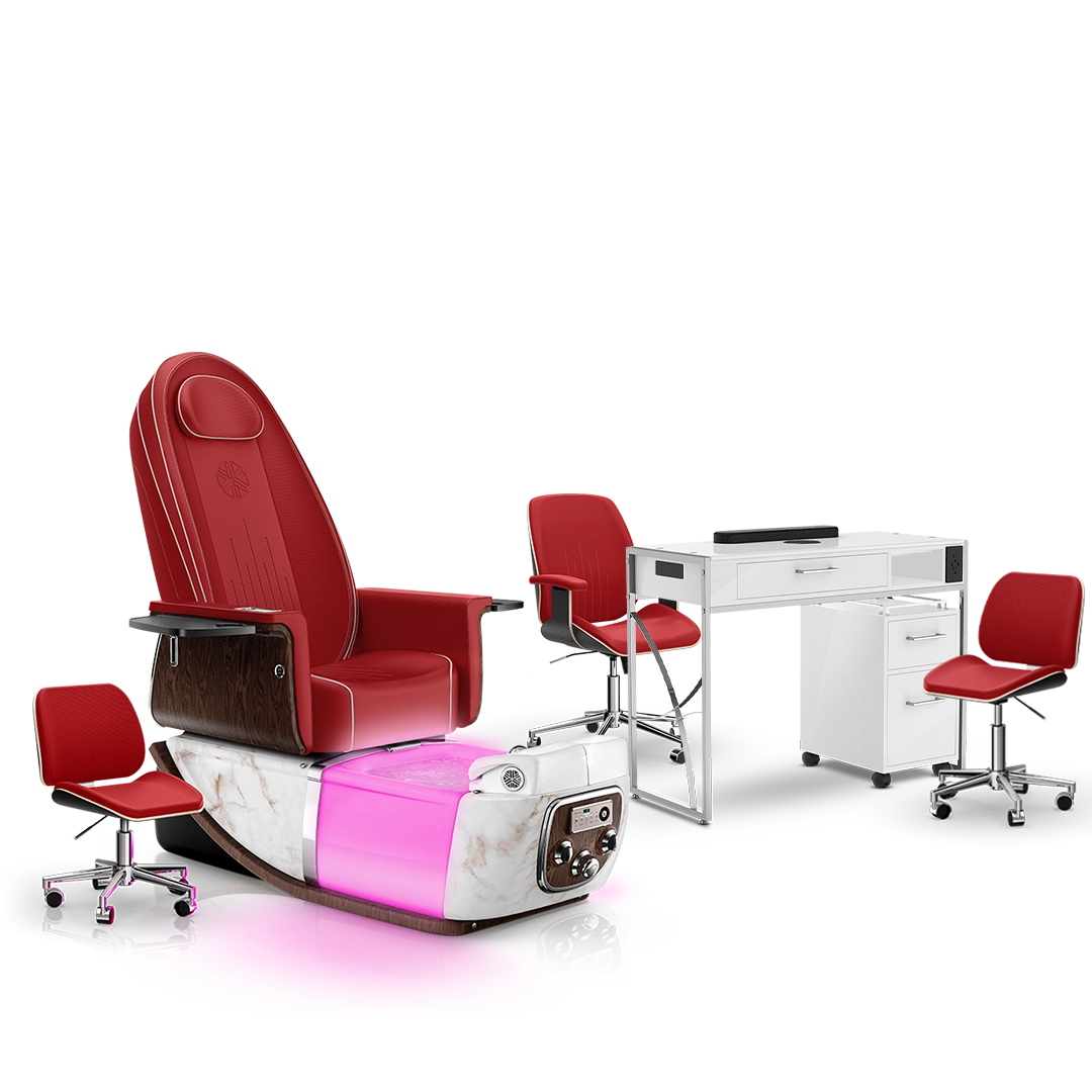 Scarlet-White Moonstone-White Lexor PRIVÉ ONE Pedicure Chair and Matching PRIVÉ Nail Table Set