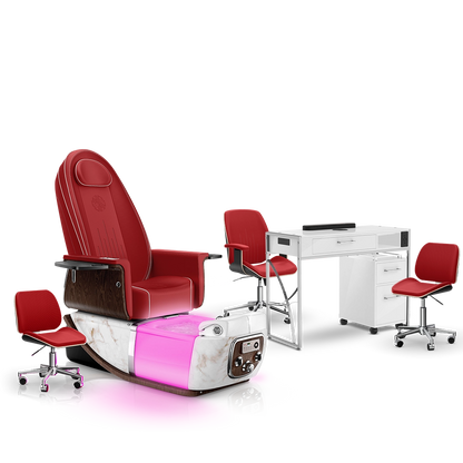 Scarlet-White Moonstone-White Lexor PRIVÉ ONE Pedicure Chair and Matching PRIVÉ Nail Table Set