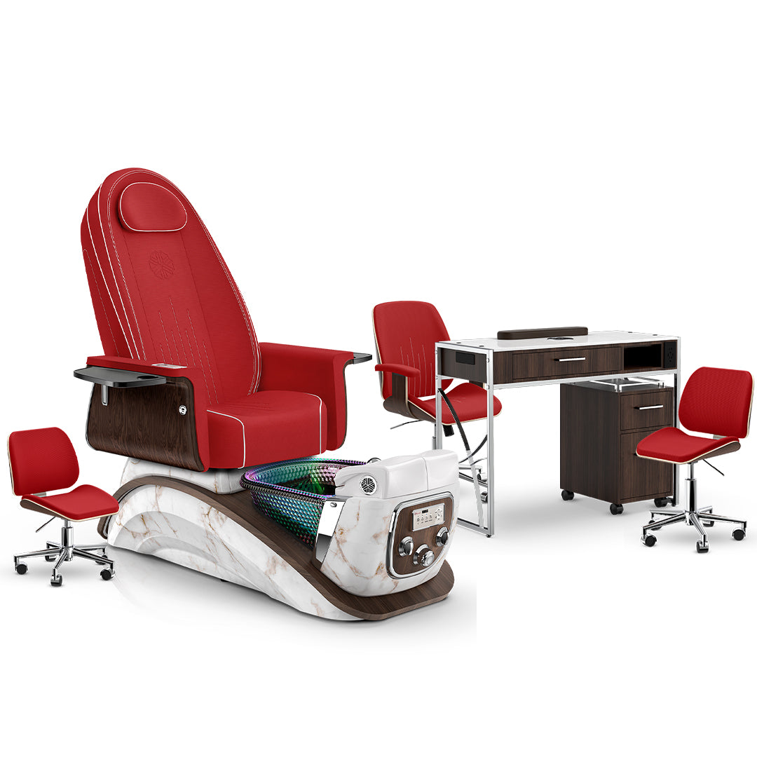 Scarlet-White Moonstone-Dark Walnut Lexor Mystique Pedicure Chair and Matching Nail Table Set