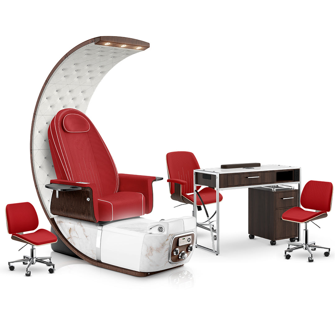 Scarlet-White Moonstone-Dark Walnut Lexor PRIVÉ Lounge Pedicure Chair and Matching PRIVÉ Nail Table Set