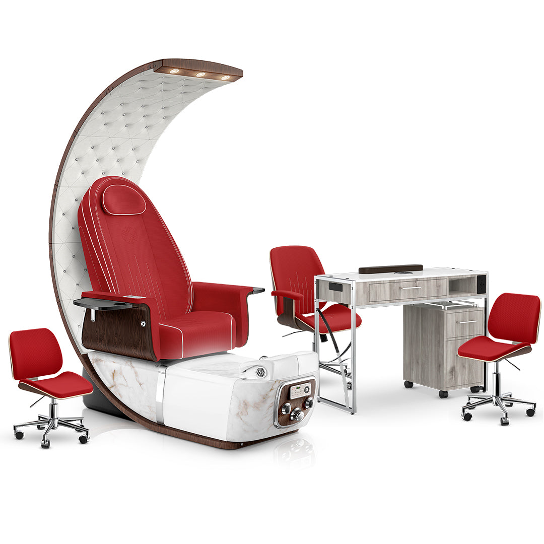 Scarlet-White Moonstone-Hazel Lexor PRIVÉ Lounge Pedicure Chair and Matching PRIVÉ Nail Table Set