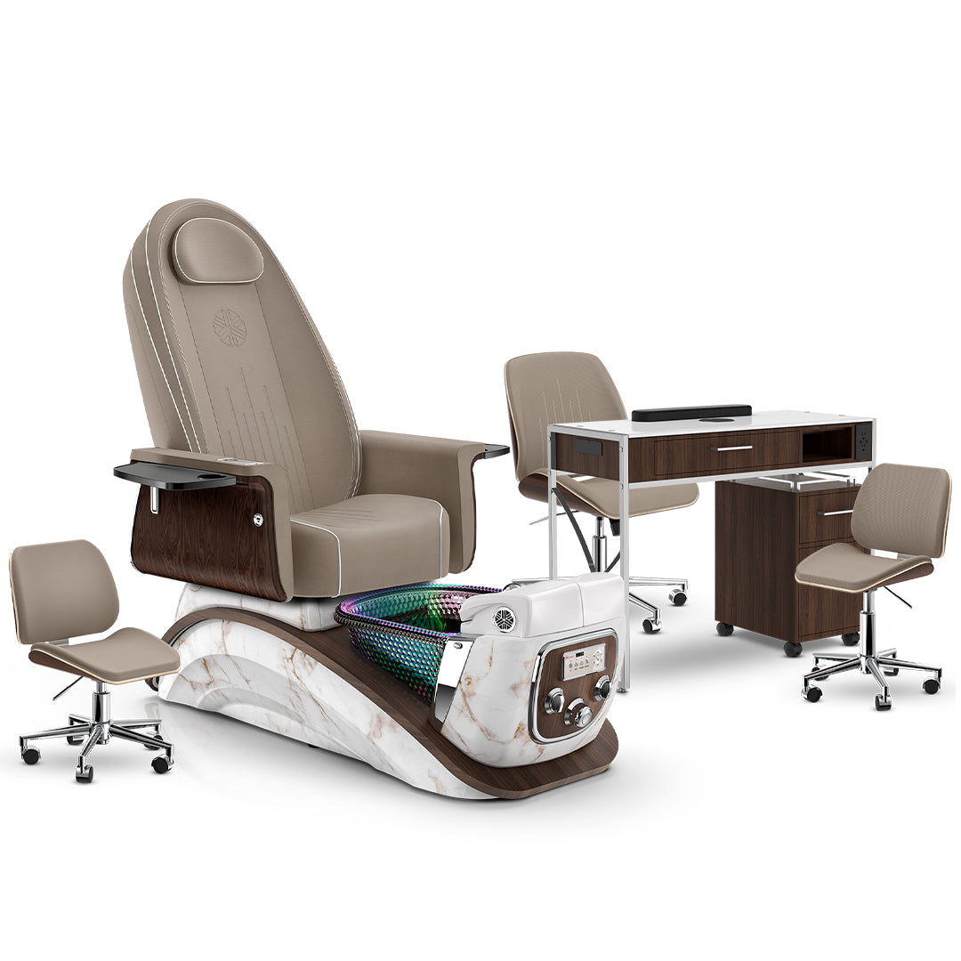 Claystone-White Moonstone-Dark Walnut Lexor Mystique Pedicure Chair and Matching Nail Table Set