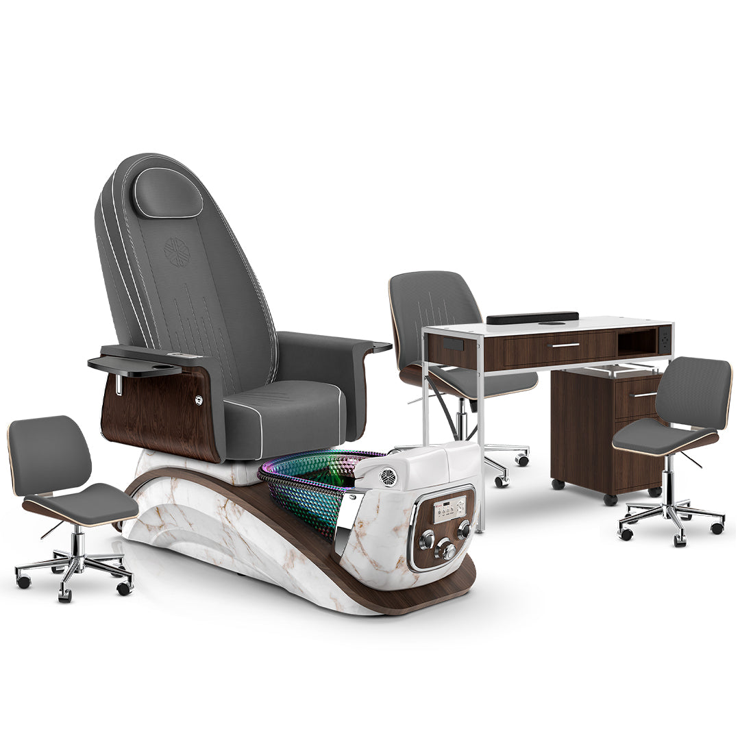 Graphite-White Moonstone-Dark Walnut Lexor Mystique Pedicure Chair and Matching Nail Table Set