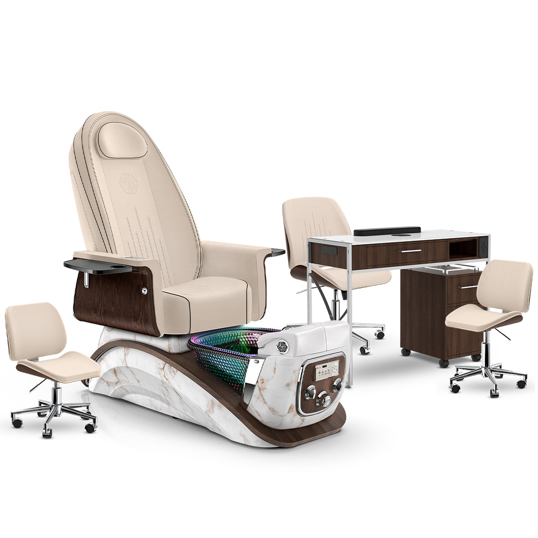 Ivory-White Moonstone-Dark Walnut Lexor Mystique Pedicure Chair and Matching Nail Table Set