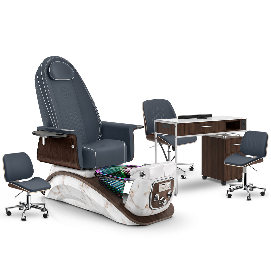 Midnight-White Moonstone-Dark Walnut Lexor Mystique Pedicure Chair and Matching Nail Table Set