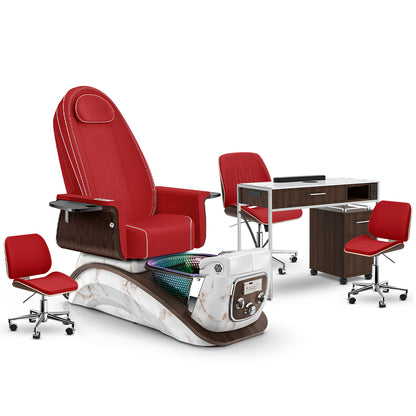 Scarlet-White Moonstone-Dark Walnut Lexor Mystique Pedicure Chair and Matching Nail Table Set