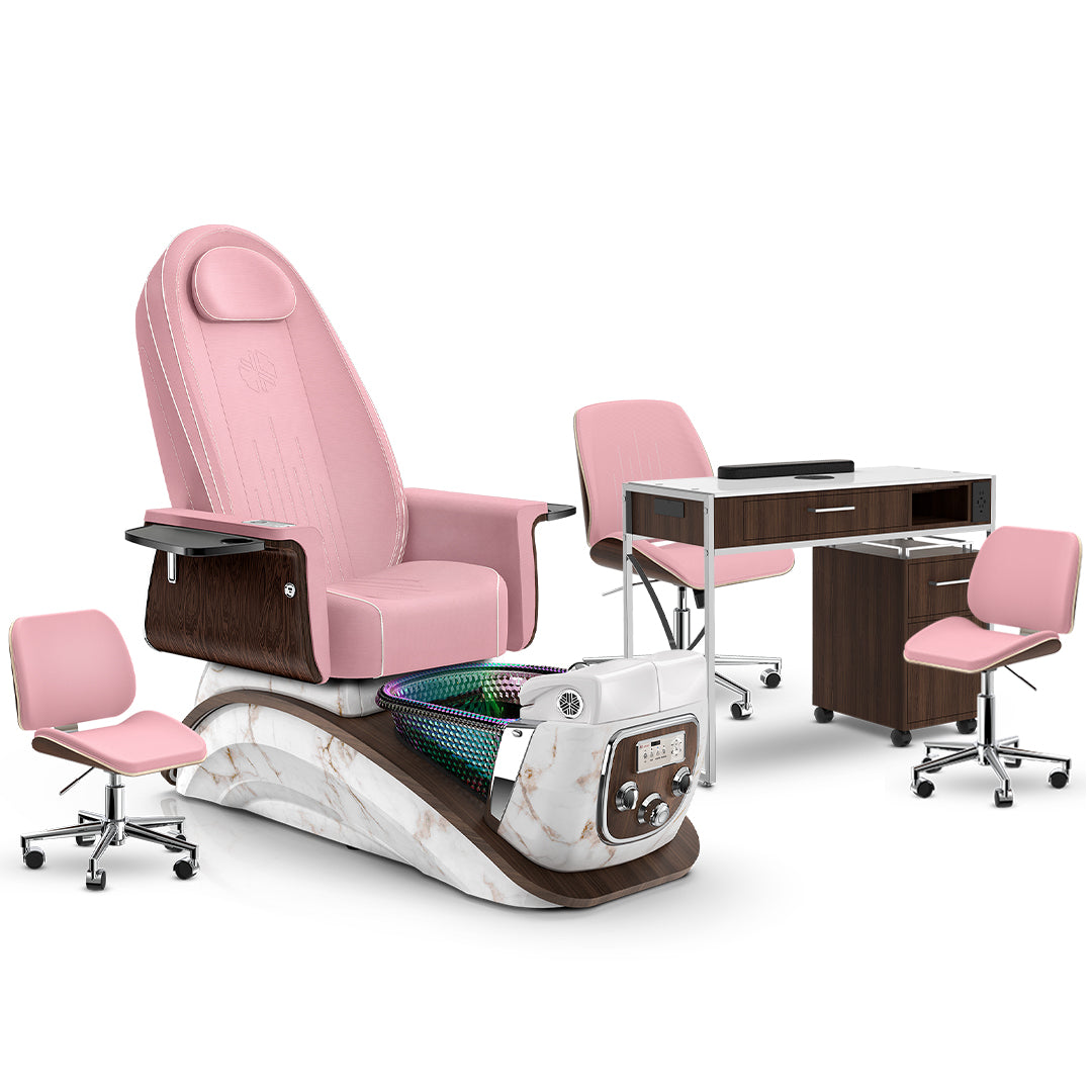 Ice Pink-White Moonstone-Dark Walnut Lexor Mystique Pedicure Chair and Matching Nail Table Set