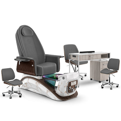 Graphite-White Moonstone-Hazel Lexor Mystique Pedicure Chair and Matching Nail Table Set